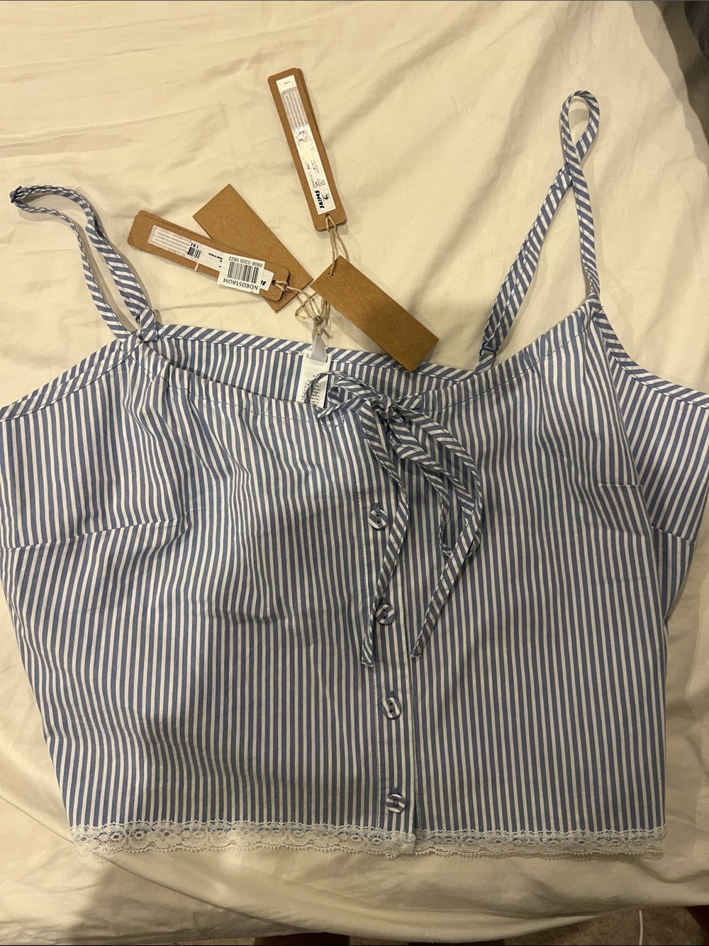 SKIMS Blue and White Striped Tie-Front cotton poplin tank
